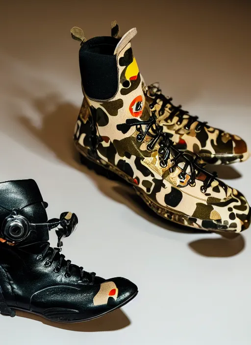 Image similar to hyperrealistic and heavy detailed product photo bape avant garde boots of movie the fifth element, in front of white back drop, whole shoe is in picture, leica sl 2 5 0 mm, vivid color, high quality, high textured, real life