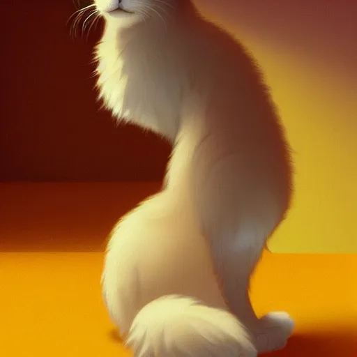 Prompt: a fluffy cat standing next to a bowl of milk. orange cat. the cat was in a room with yellow background color. animal. digital art. artstation. realistic. vibrant. illustration. in the style of pixar movie. octane render. art by artgerm and greg rutkowski and alphonse mucha.