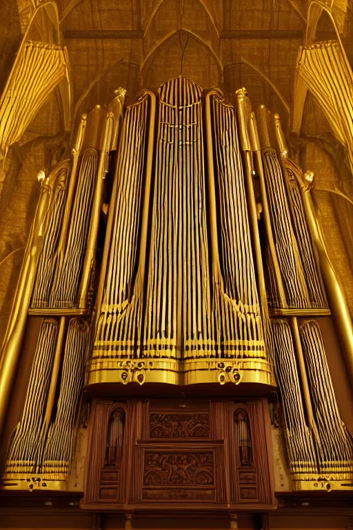 Prompt: a detailed render of an organ in a church, with large golden pipes, trending on artstation, render, 3 d, octane, 4 k, 8 k, unreal engine, cinema 4 d