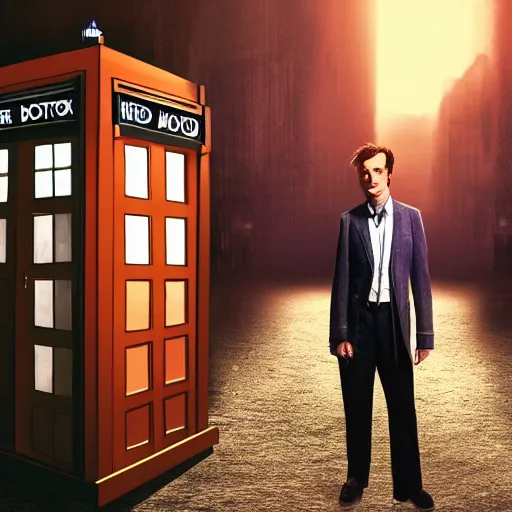 Image similar to An illustration of The Tenth Doctor stepping out of the Tardis, high definition, 4k, sharp focus