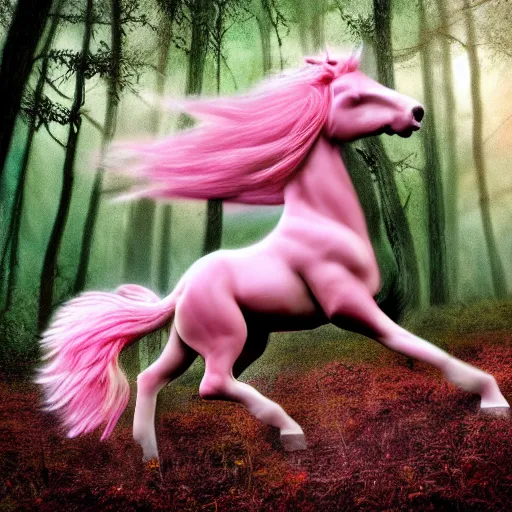 Image similar to female centaur running through the forest, fantasy, photo realistic, pink and white fur,