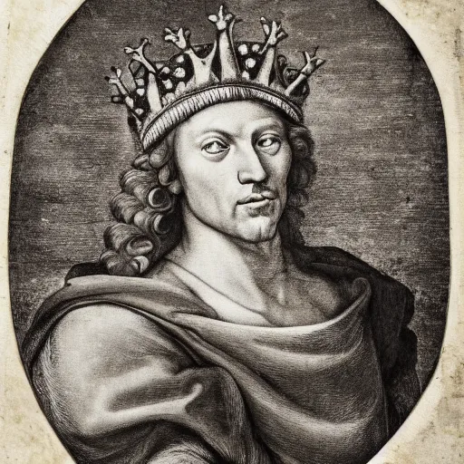 Image similar to a renaissance style portrait of a wild lion wearing a crown and a cape, dark background