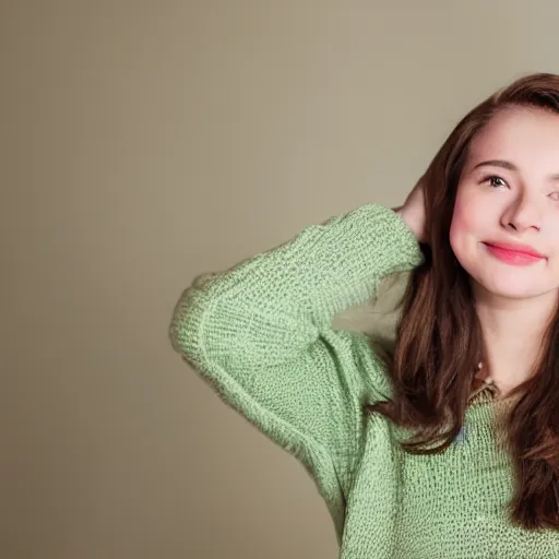 Prompt: Photograph of April, a cute young woman, long shiny bronze brown hair, full round face, green eyes, medium skin tone, light cute freckles, light blush, smiling softly, wearing casual clothing, interior lighting, cozy living room background, medium shot, mid-shot, hyperdetailed, hyperreal,