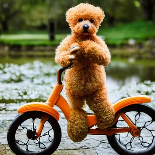 Image similar to A apricot colored toy poodle that looks like a teddy bear riding a bike in a beautiful park with a pond