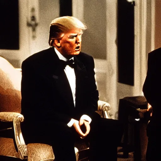 Image similar to donald trump as the godfather. godfather movie. mafia. dark. evil.