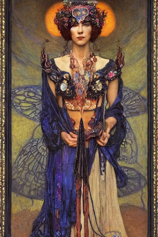 Prompt: queen of the dead with her lantern and regalia, by Annie Swynnerton and Nicholas Roerich and jean delville and Gaston Bussière, black leather and embroidered velvet, iridescent beetles, rich color, dramatic cinematic lighting, extremely detailed