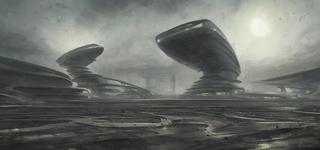 Prompt: futuristic and abandoned landscape of a solarpunk city by oscar niemeyer, brutalism, extreme lighting at dusk, sci fi archs, highly detailed, digital painting, smooth, sharp focus, golden ratio, no humans, illustration, concept art by wlop taras shevchenko ruan jia stephen hickman james gurney hiromasa ogura, stormy weather