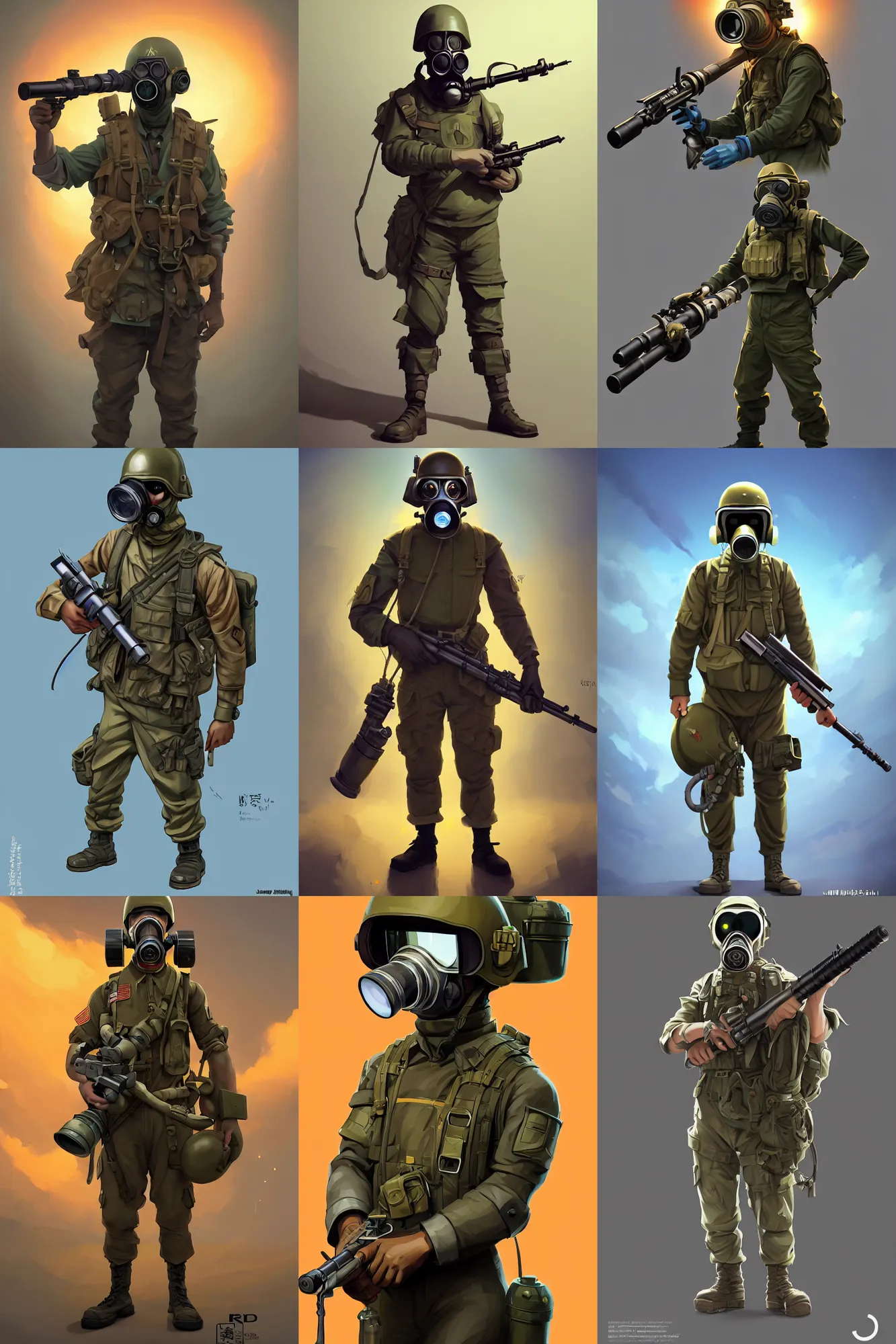 Prompt: military soldier with helmet gas mask, holding bazooka, switch game hero 3 d character design concept fanart artsation, feng zhu steetart, behance hd by jesper ejsing, by rhads, makoto shinkai and lois van baarle, ilya kuvshinov, rossdraws global illumination ray tracing style radiating a glowing aura global