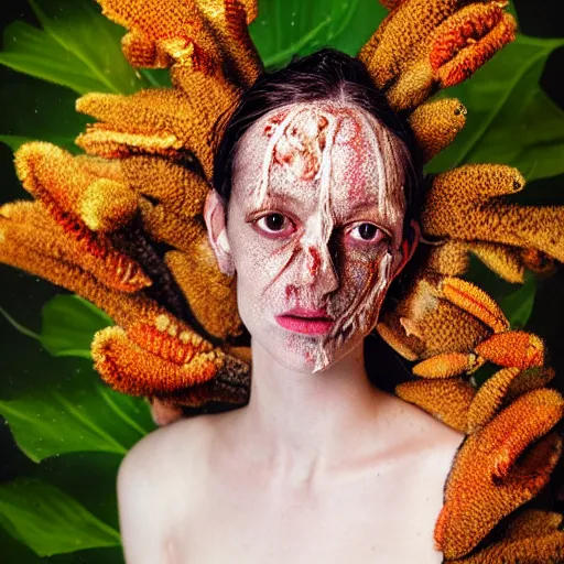 Prompt: kodak portra 4 0 0, 8 k, soft light, volumetric lighting, highly detailed, britt marling style fine art portrait photography, portrait of woman fashion photography skin covered in cordyceps, studio lighting, bright, painterly, junji ito, body horror, cronenberg