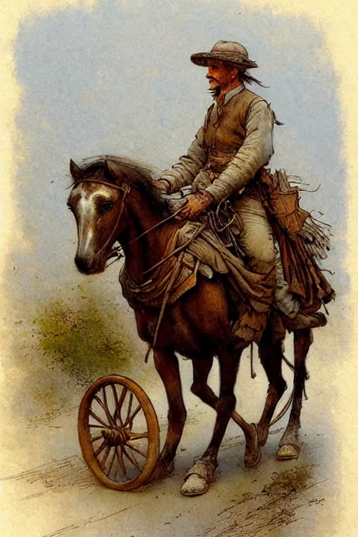 Image similar to ( ( ( ( ( ( ( ( man riding a horse ) ) ) ) ) ) ) ) with wheels!!!!!!!!!!!! wagon!!!!!!!!!!!!!! by jean baptiste monge!!!!!, muted colors, detailed