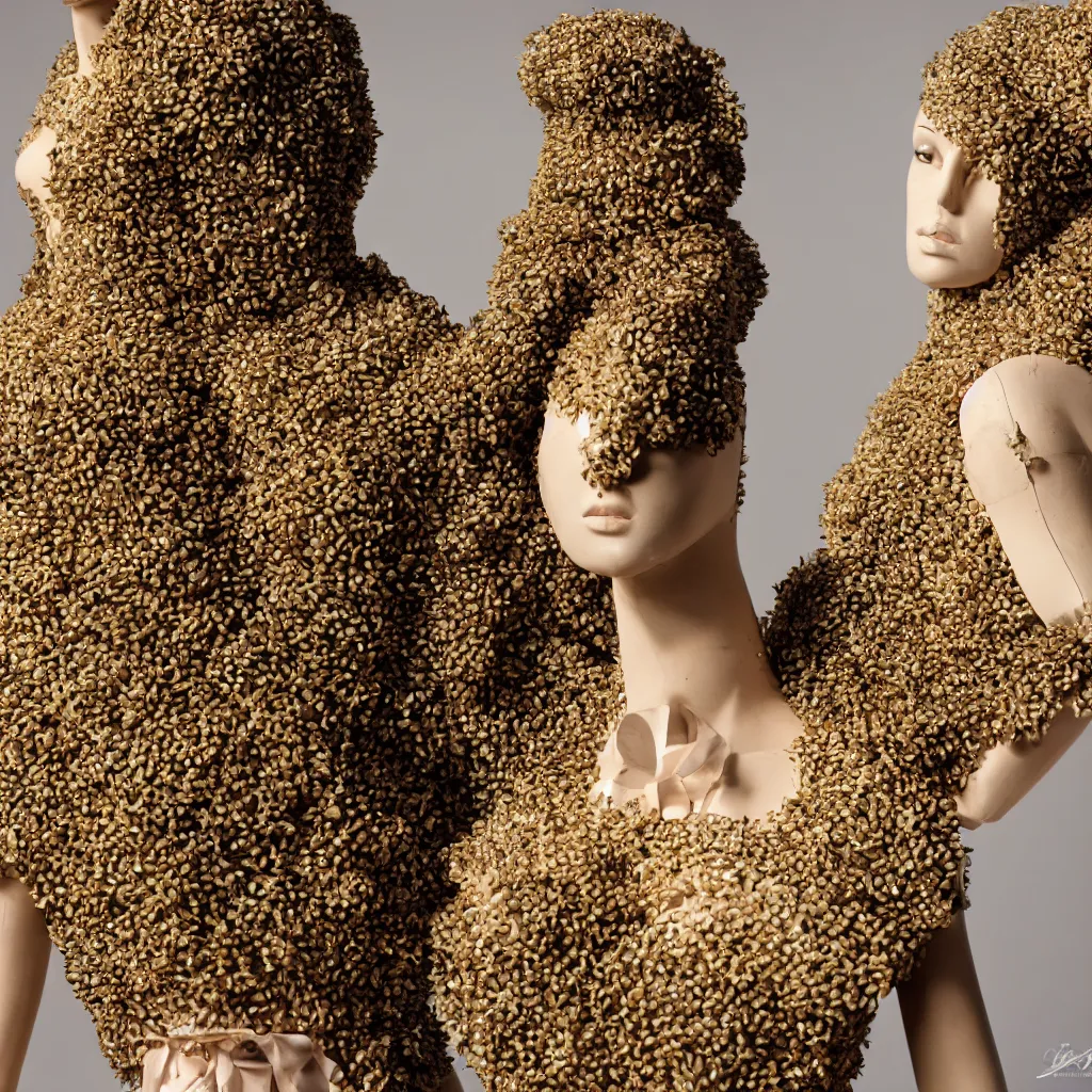 Image similar to a beautiful dress made of a real bee hive, on a mannequin. high resolution, studio lighting, closeup