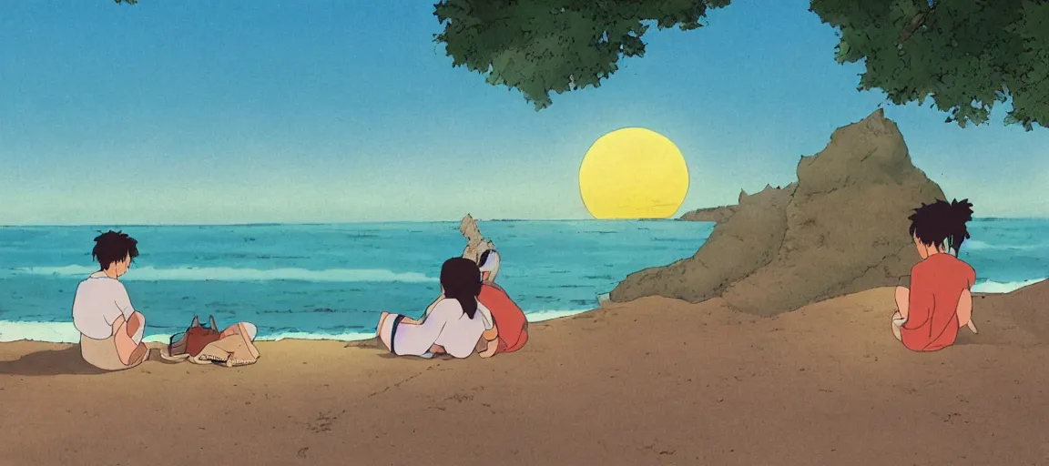 Image similar to a couple watching the sunset by the beach, by Studio Ghibli