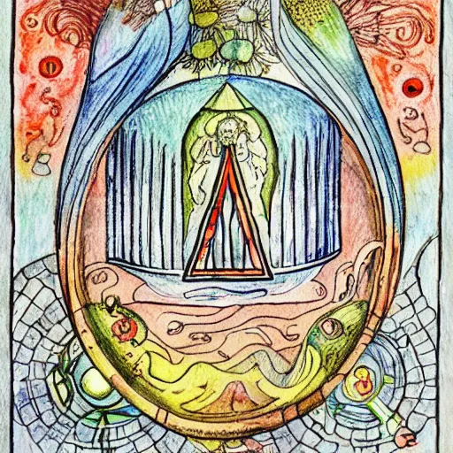 Prompt: a feminine alchemical illustration drawn and painted by Carl Jung, detailed penciling, watercolor, pen and ink, zoomed out to show entire image