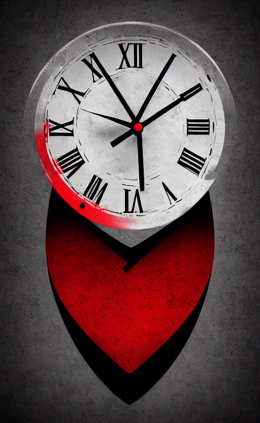 Image similar to a melting Roman numeral clock, behind a red and black gradient background, awith a black heart shaped on the top left corner and a black diamond card shape in the bottom right corner, dynamic lighting, photorealistic fantasy concept art, trending on art station, stunning visuals, cinematic, creative, ultra detailed