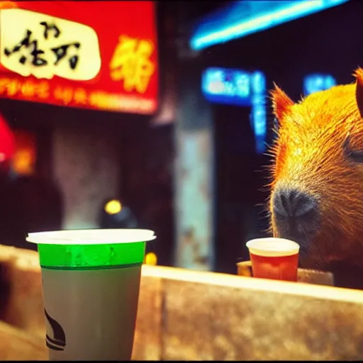 Image similar to capybara drinking bubble tea in cyberpunk seoul