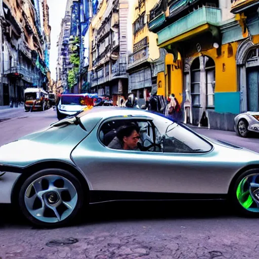 Image similar to Buenos Aires Argentina, futuristic cars in the street, holograms in the street, detailed, hd