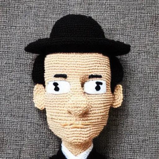 Image similar to buster keaton made of yarn, crocheted caricature of buster keaton, photorealistic, soft, cute, trending on artstation