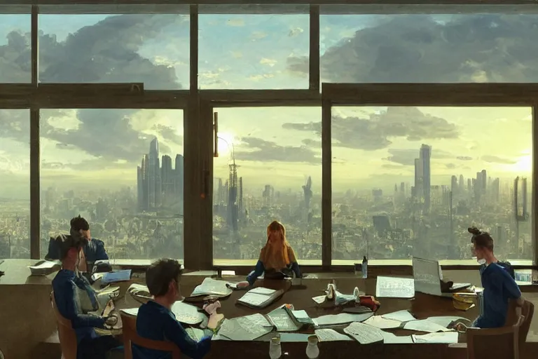 Prompt: monkey employees setting on glorious meeting room, papers and bananas scattered on the table, sunset, buildings and skyline showing from windows, fine art, artstation, matte painting, masterpiece by vasnetsov