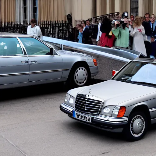 Image similar to princess Diana taking selfie next to silver Mercedes-Benz W140, photograph, image, 4k HDR, trending on artstation,