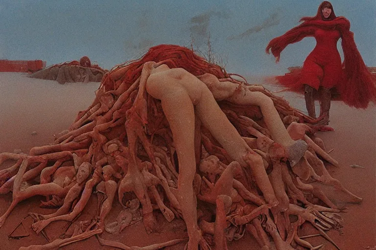 Image similar to a surrealist painting of a lonely woman with pale skin and red hair, standing over pile of bodies in post apocalyptic snowy landscape, painted by zdzisław beksinski