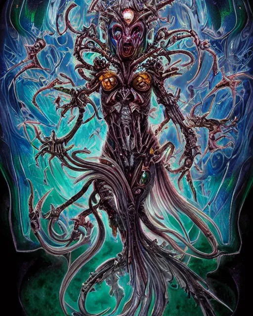 Image similar to silver mechanical charred bloody fleshmetal cyborg daemonhost woman psychedelic flamer of tzeentch with extra arms, blue and green rainbow fire, by antonio j. manzanedo, alex grey, android jones, wayne barlowe, philippe druillet, raymond swanland, cyril rolando, harumi hironaka, cronenburg, trending on artstation