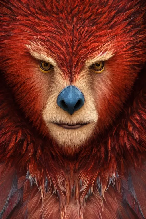 Image similar to a beautiful closeup shot from a fantasy film of a humanoid red owlbear wearing a loose tunic. an anthropomorphic owlbear. fantasy, frown, intricate, elegant, highly detailed, digital painting, artstation, concept art, matte, sharp focus, illustration, art by artgerm and greg rutkowski and alphonse mucha
