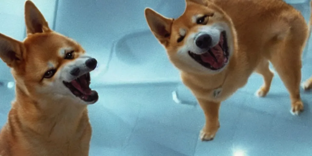 Image similar to a screenshot of the alien movie in 1 9 7 9 but the alien is a shiba inu dog