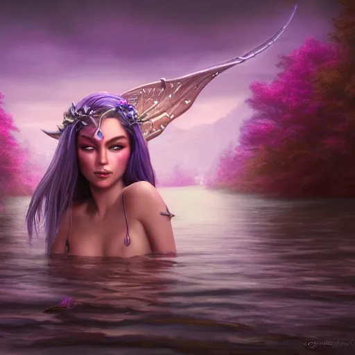 Image similar to a realistic night elf goddess emerging from a Lake at midnight, light purple skin, highly detailed, digital painting, Trending on artstation , HD quality, by Glenn Rane and Samwise Didier, dramatic light, octane