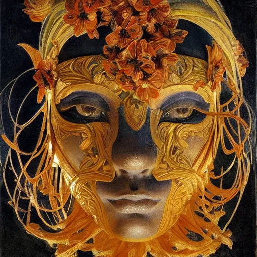 Prompt: masterpiece painting of a facemask made of stylized flowers, by annie swynnerton and jean delville and tino rodriguez and john watkiss, flower mask, art deco shaman, symbolist, dramatic lighting, god rays, elaborate geometric ornament, photorealism, modern realism, clean crisp graphics, soft cool colors, smooth, sharp focus, extremely detailed