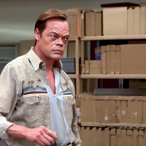 Prompt: Jean Claude Vandamme as Dwight Schrute on the office, cinematic still, high quality,