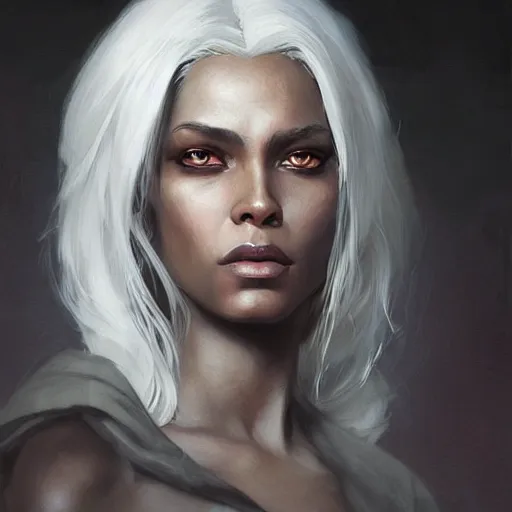 Image similar to headshot immortal blac female wizard ; black brown skin ; white hair ; wise, realistic shaded lighting poster by craig mallismo, artgerm, jeremy lipkin and michael garmash, unreal engine, radiant light, detailed and intricate environment, digital art, art station trends