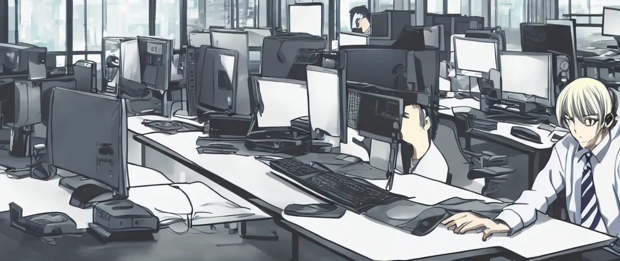 Image similar to anime drawing, a man at a desk with ten different computer monitors, his face flat on the keyboard, sound asleep