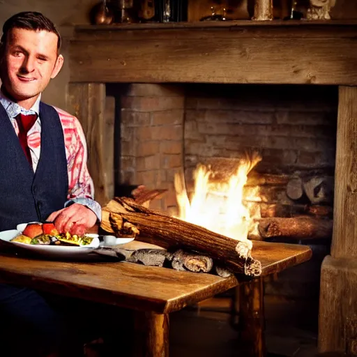 Prompt: man in a waistcoat sitting with a log fire opposite him at a table romantic soft focus nikon