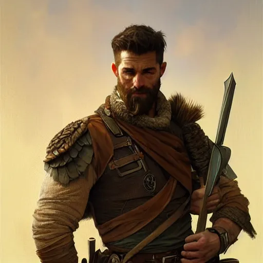 Image similar to Rugged ranger tending to his wounds, masculine, male, D&D, muscular, fantasy, intricate, elegant, highly detailed, digital painting, artstation, concept art, smooth, sharp focus, illustration, art by artgerm and greg rutkowski and alphonse mucha