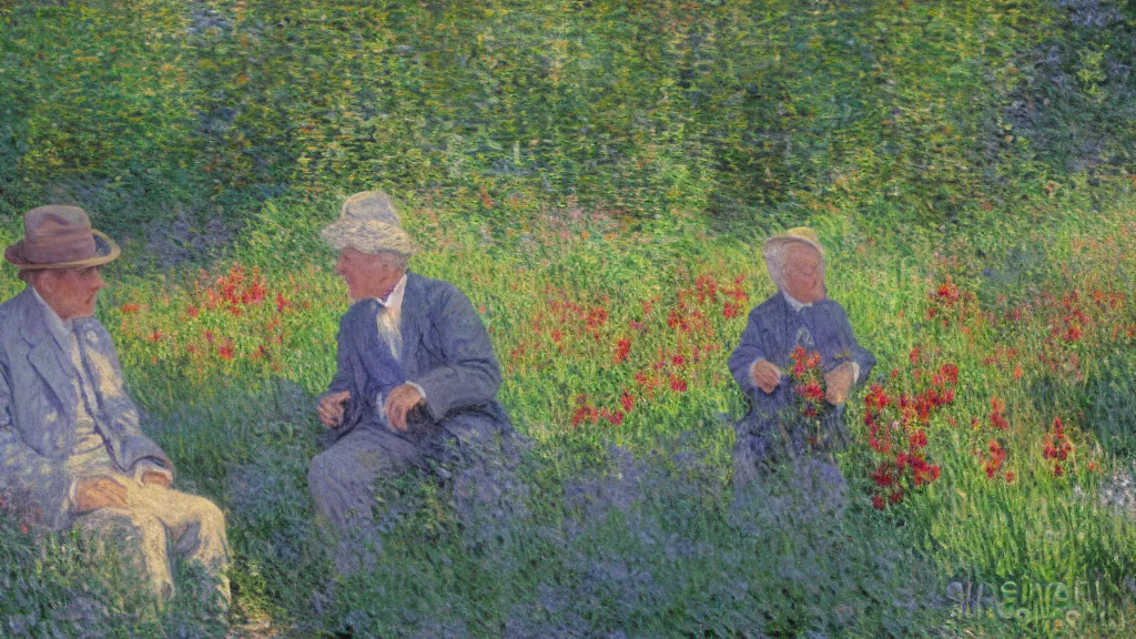 Prompt: technicolor film still of an old man talking to a young one in monet's garden, photorealistic