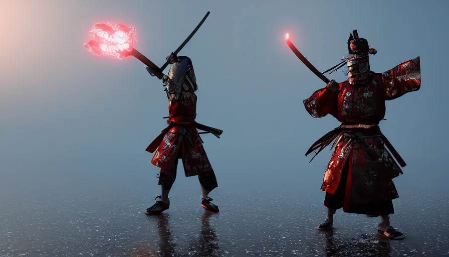 Image similar to Digital Art of A Samurai! Ninja! in Action Pose, standing in a glowing lake while it rains, Concept Art, highly detailed, Artstation, 8k, Raytracing, Unreal Engine 5