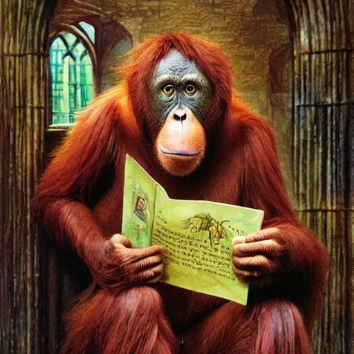 Image similar to Orangutan as a grumpy Libarian in Hogwarts, School of Witchcraft and Wizardry, detailed, hyperrealistic, colorful, cinematic lighting, digital art, illustration from a Harry Potter book by Paul Kidby and Jim Kay