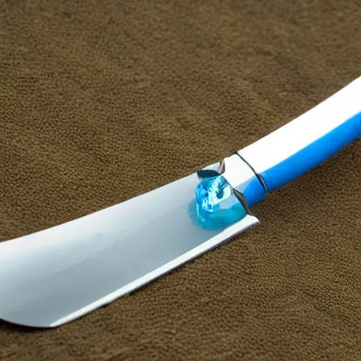 Prompt: a sword with its blade made of water and a silver handle with a blue gem on it