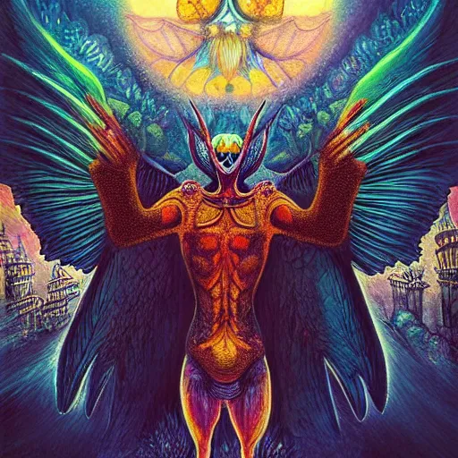 Image similar to A centered chest up portrait of a psychedelic godlike mothman with giant mandala wings smoking a hand-rolled cigarette smoking heavily , magic mushroom village in background , award winning. superb resolution. in the art style of junji Ito and greg rutkowski . Detailed Mushroom city in background. Hyper realistic anime. Perfect art. Dalle2