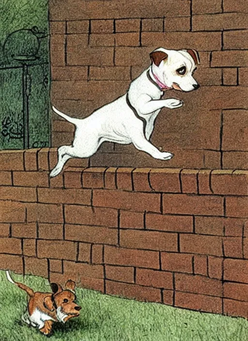 Prompt: jack russel terrier jumping from the ground over a brick fence, illustrated by peggy fortnum and beatrix potter and sir john tenniel