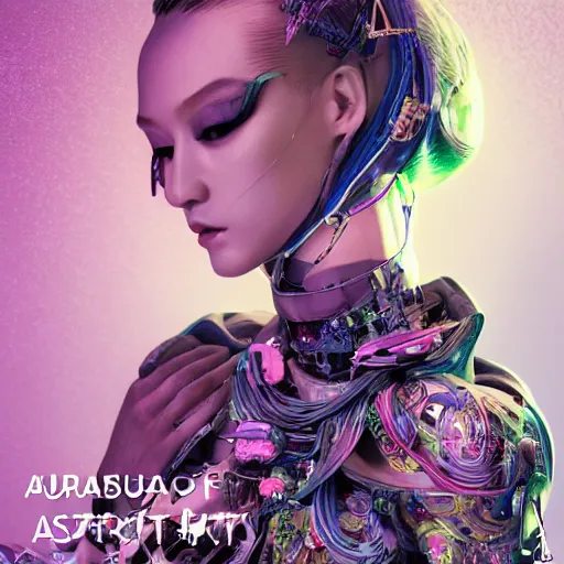 Image similar to the portrait of an absurdly beautiful, graceful, elegant, sophisticated, fashionable cyberpunk gravure idol, an ultrafine hyperdetailed illustration by kim jung gi, irakli nadar, hanna moon, leslie zhang intricate linework, bright colors, collage, porcelain skin, unreal engine 5 highly rendered, cgsociety, global illumination, radiant light, detailed and intricate environment