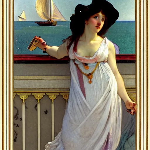 Image similar to A girl with jester hat and clothes on a greek archi circle on the front of a Balustrade with a beach and a sail boat on the background, major arcana cards, by alphonse mucha and arnold böcklin arnold böcklin arnold böcklin, paul delaroche, hyperrealistic 8k, very detailed