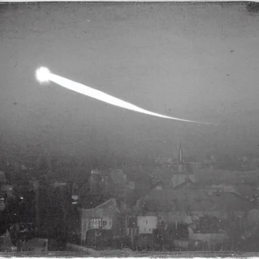 Image similar to grainy 1800s photo of a flying machine firing a ray gun at a city below