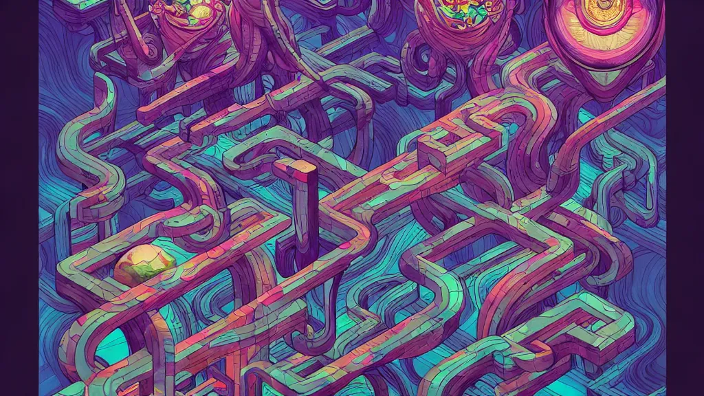 Image similar to arcane twisted turn of fate abstraction, centered award winning ink pen illustration, isometric abstract illustration by dan mumford, edited by craola, technical drawing by beeple and tooth wu, tiny details by artgerm and watercolor girl, symmetrically isometrically centered