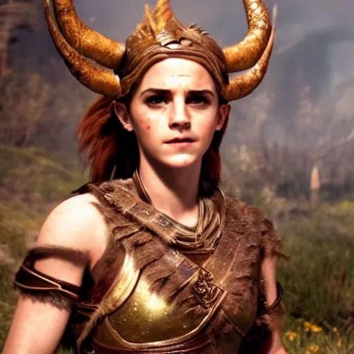 Prompt: Film still of Emma Watson as Freyja, from God of War (2018 video game)