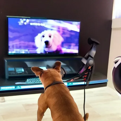 Prompt: a cute dog playing valorant, the dog is wearing a headset, dog is facing the monitor, we can see a man holding a gun in valorant on the screen