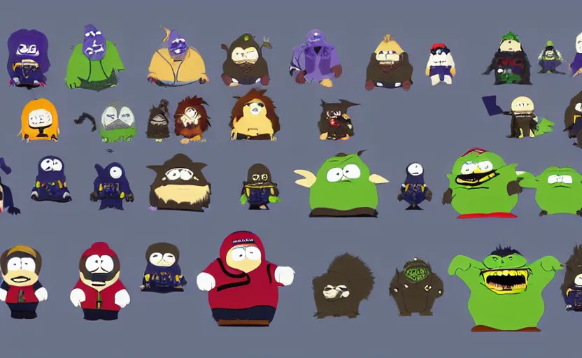 Prompt: south park godzilla yoda donkey kong pikachu yeti shrek super mario homer groot waluigi darth vader mike wazowski, highly detailed, extremely high quality, hd, 4 k, 8 k, professional photographer, 4 0 mp, lifelike, top - rated, award winning, cinematic, realistic, detailed lighting, detailed shadows, sharp, no blur, edited, corrected, trending