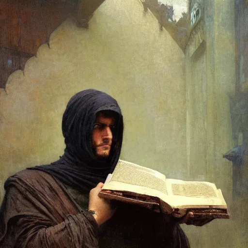 Image similar to half portait of magican wearing a closed cowl holding a big old book!, jeremy mann, jean leon gerome, alphonse mucha, greg rutkowski, hood covers his eyes, ( ( ruins of ancient rome ) ), at dusk, mysterious atmosphere, sunrays, dof, masterpiece, high detailed, 8 k