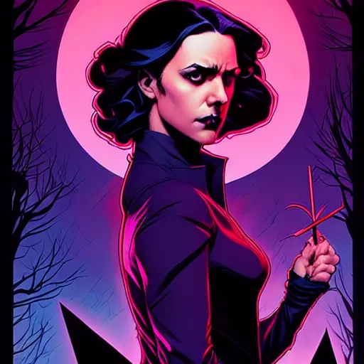 Image similar to rafael albuquerque comic cover art, artgerm, joshua middleton, pretty stella maeve witch doing black magic, serious look, purple dress, symmetrical eyes, symmetrical face, long black hair, twisted evil dark forest in the background, cool colors