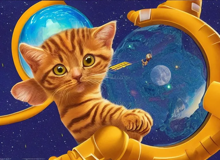 Image similar to coloring book drawing of an astronaut kitten from a musical sparkly digital space opera, Animated film, volumetric lighting, octane render, directed by wes anderson, Vladimir kush, m.c Escher